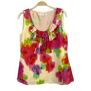 Boden Ruffle Sleeveless Silk Blouse Tank Top Women 8 Cream Pink Watercolor Artsy